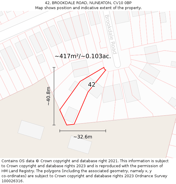 42, BROOKDALE ROAD, NUNEATON, CV10 0BP: Plot and title map