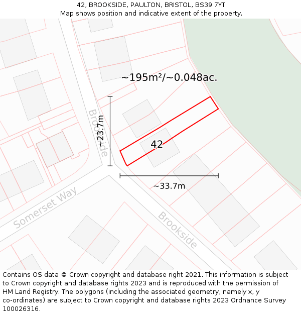 42, BROOKSIDE, PAULTON, BRISTOL, BS39 7YT: Plot and title map
