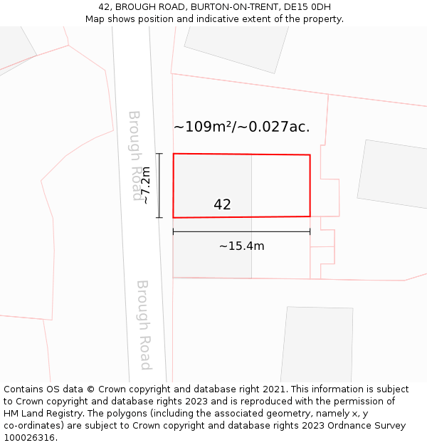 42, BROUGH ROAD, BURTON-ON-TRENT, DE15 0DH: Plot and title map