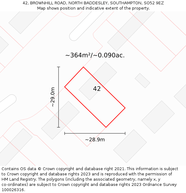 42, BROWNHILL ROAD, NORTH BADDESLEY, SOUTHAMPTON, SO52 9EZ: Plot and title map