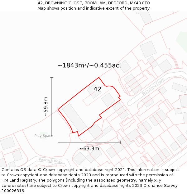 42, BROWNING CLOSE, BROMHAM, BEDFORD, MK43 8TQ: Plot and title map