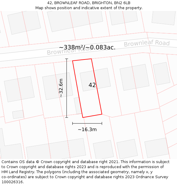 42, BROWNLEAF ROAD, BRIGHTON, BN2 6LB: Plot and title map
