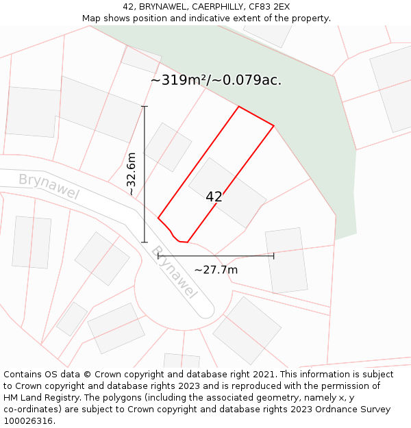 42, BRYNAWEL, CAERPHILLY, CF83 2EX: Plot and title map
