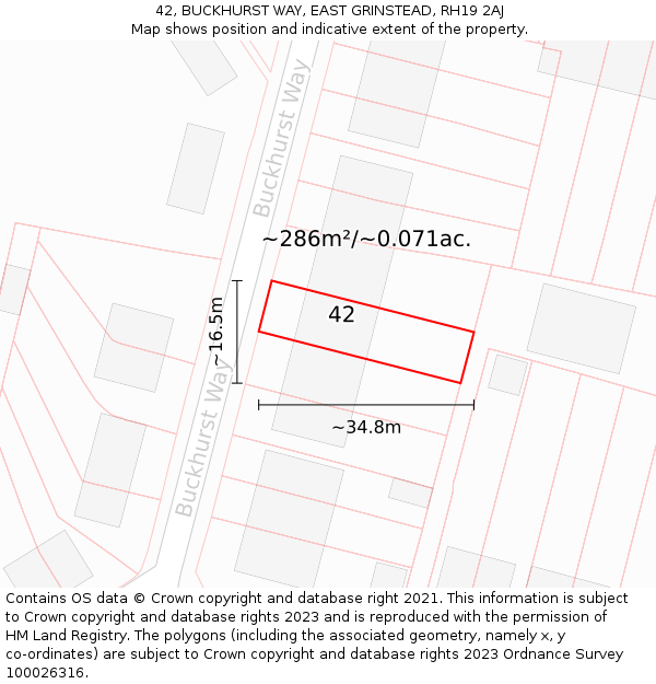 42, BUCKHURST WAY, EAST GRINSTEAD, RH19 2AJ: Plot and title map