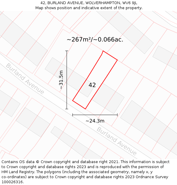42, BURLAND AVENUE, WOLVERHAMPTON, WV6 9JL: Plot and title map