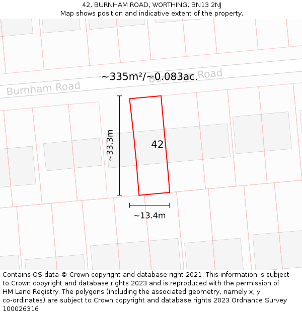 42, BURNHAM ROAD, WORTHING, BN13 2NJ: Plot and title map