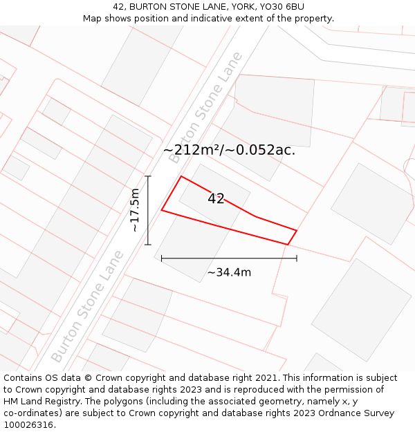 42, BURTON STONE LANE, YORK, YO30 6BU: Plot and title map