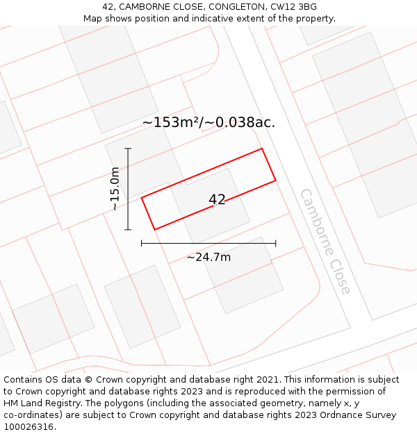 42, CAMBORNE CLOSE, CONGLETON, CW12 3BG: Plot and title map