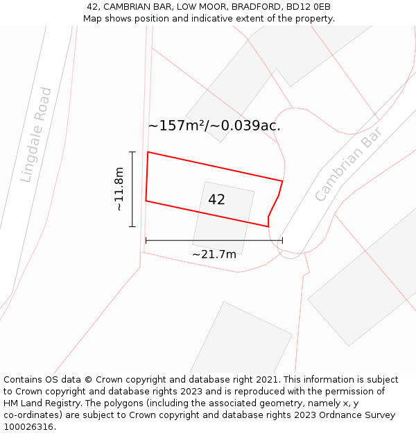 42, CAMBRIAN BAR, LOW MOOR, BRADFORD, BD12 0EB: Plot and title map