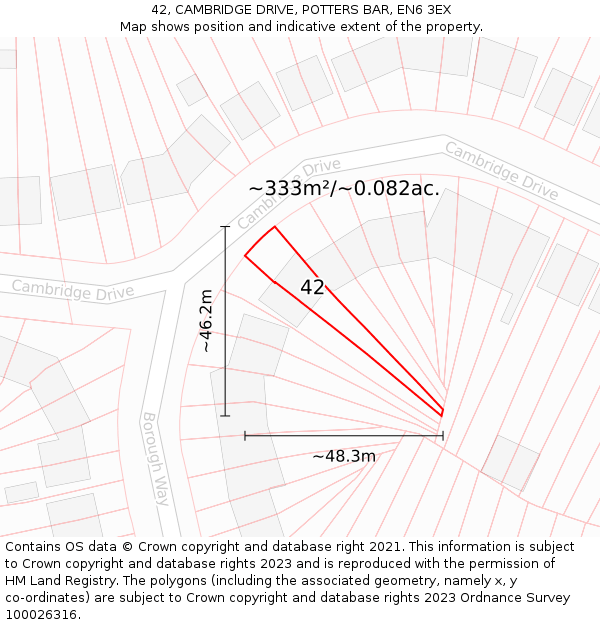 42, CAMBRIDGE DRIVE, POTTERS BAR, EN6 3EX: Plot and title map