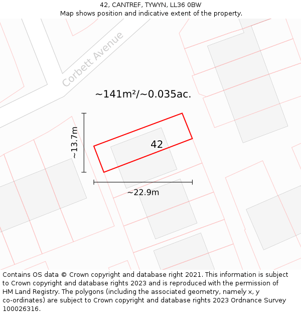42, CANTREF, TYWYN, LL36 0BW: Plot and title map