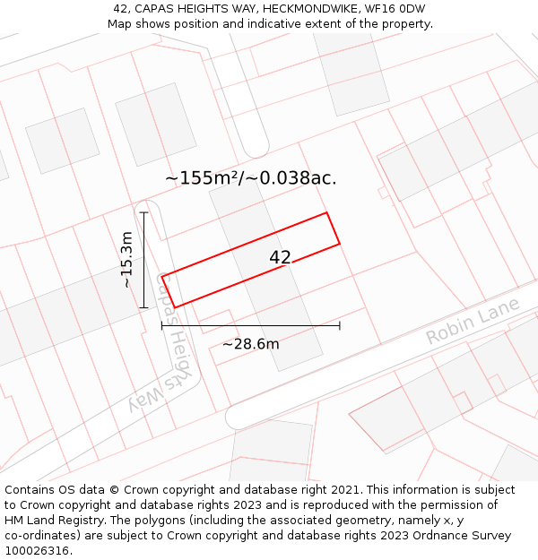 42, CAPAS HEIGHTS WAY, HECKMONDWIKE, WF16 0DW: Plot and title map