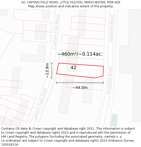 42, CAPTAIN FOLD ROAD, LITTLE HULTON, MANCHESTER, M38 9SX: Plot and title map