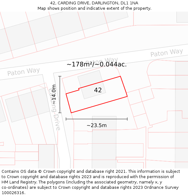 42, CARDING DRIVE, DARLINGTON, DL1 1NA: Plot and title map