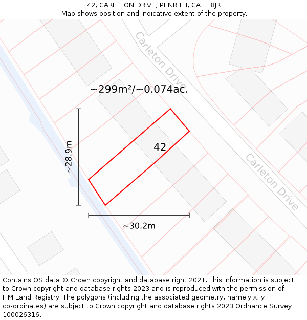 42, CARLETON DRIVE, PENRITH, CA11 8JR: Plot and title map