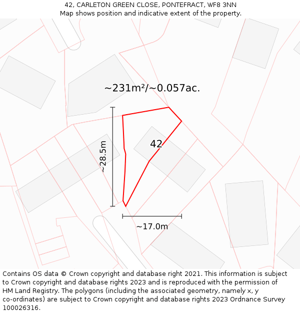 42, CARLETON GREEN CLOSE, PONTEFRACT, WF8 3NN: Plot and title map