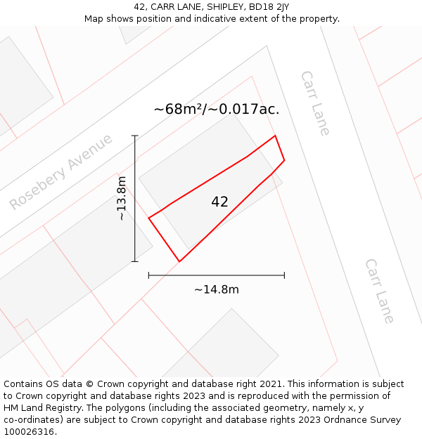 42, CARR LANE, SHIPLEY, BD18 2JY: Plot and title map