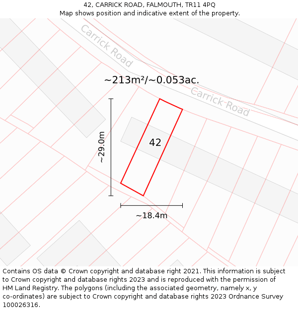 42, CARRICK ROAD, FALMOUTH, TR11 4PQ: Plot and title map