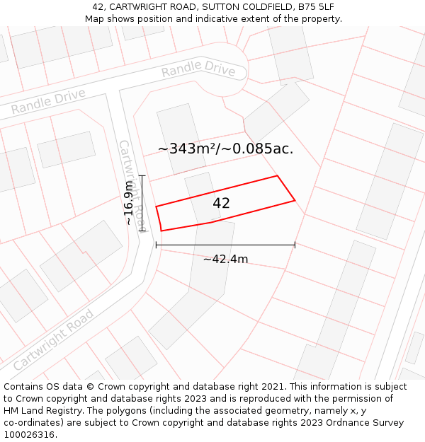 42, CARTWRIGHT ROAD, SUTTON COLDFIELD, B75 5LF: Plot and title map