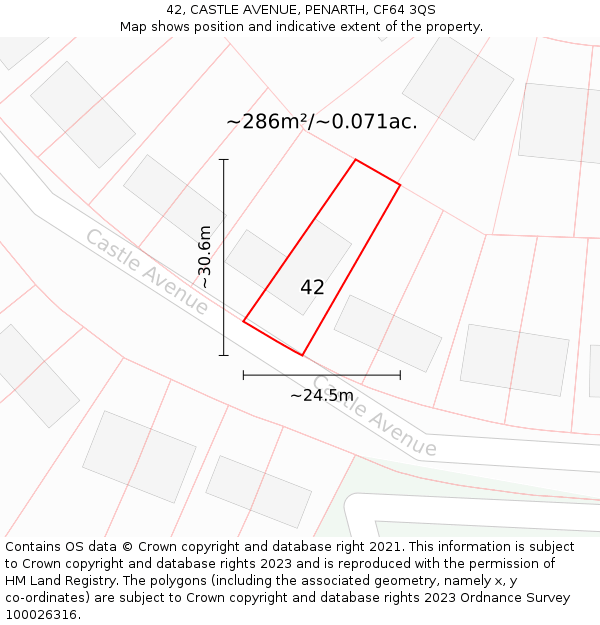 42, CASTLE AVENUE, PENARTH, CF64 3QS: Plot and title map