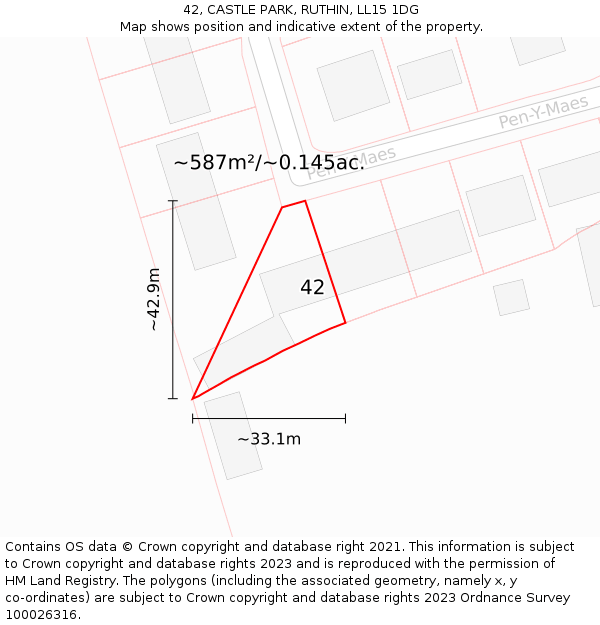 42, CASTLE PARK, RUTHIN, LL15 1DG: Plot and title map