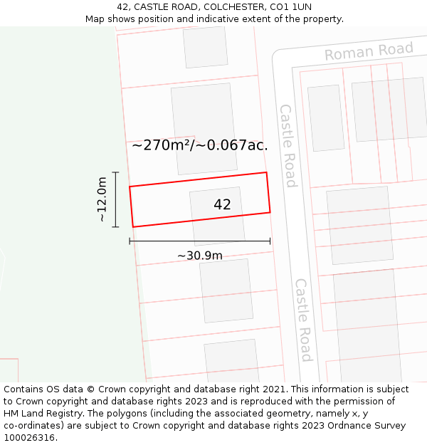 42, CASTLE ROAD, COLCHESTER, CO1 1UN: Plot and title map