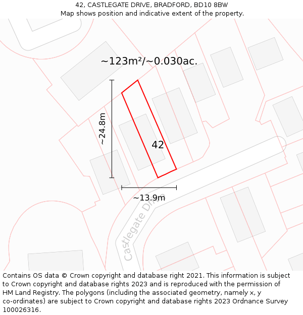 42, CASTLEGATE DRIVE, BRADFORD, BD10 8BW: Plot and title map
