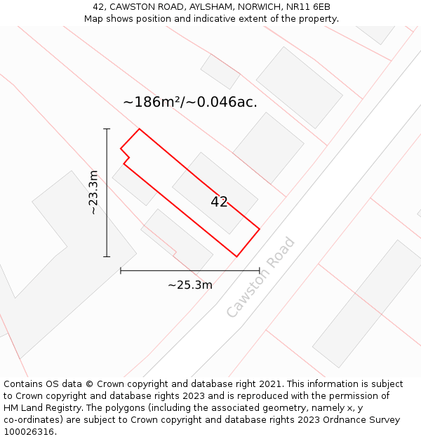 42, CAWSTON ROAD, AYLSHAM, NORWICH, NR11 6EB: Plot and title map