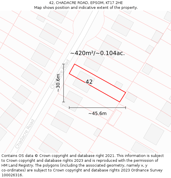 42, CHADACRE ROAD, EPSOM, KT17 2HE: Plot and title map