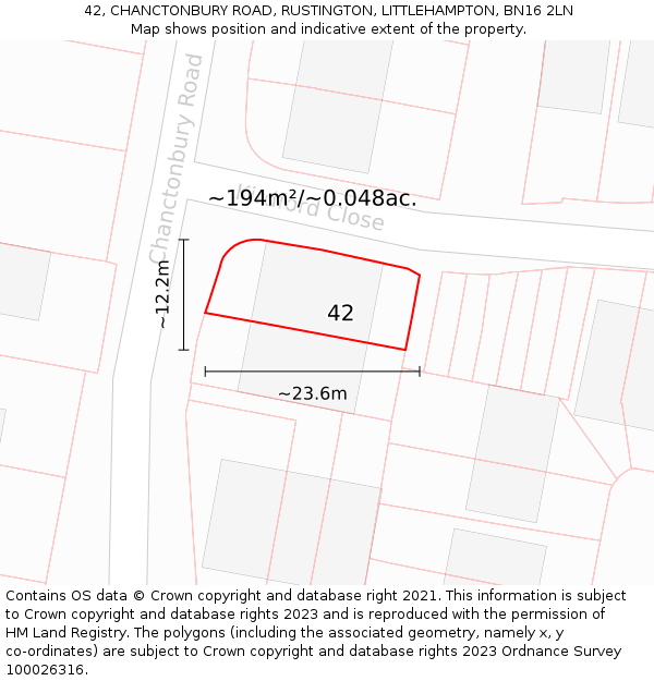 42, CHANCTONBURY ROAD, RUSTINGTON, LITTLEHAMPTON, BN16 2LN: Plot and title map
