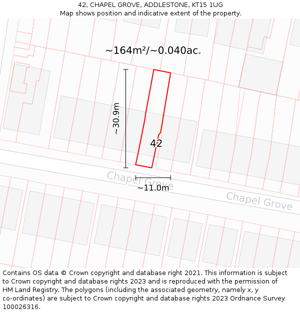 42, CHAPEL GROVE, ADDLESTONE, KT15 1UG: Plot and title map