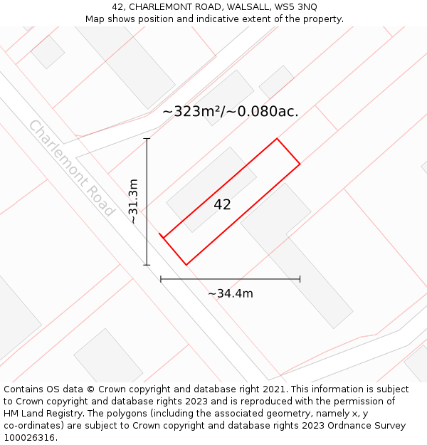 42, CHARLEMONT ROAD, WALSALL, WS5 3NQ: Plot and title map