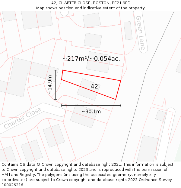 42, CHARTER CLOSE, BOSTON, PE21 9PD: Plot and title map