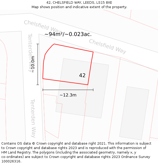 42, CHELSFIELD WAY, LEEDS, LS15 8XE: Plot and title map
