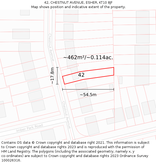 42, CHESTNUT AVENUE, ESHER, KT10 8JF: Plot and title map