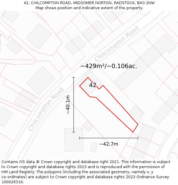 42, CHILCOMPTON ROAD, MIDSOMER NORTON, RADSTOCK, BA3 2NW: Plot and title map