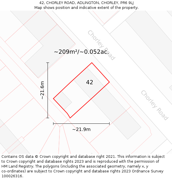 42, CHORLEY ROAD, ADLINGTON, CHORLEY, PR6 9LJ: Plot and title map