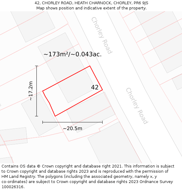 42, CHORLEY ROAD, HEATH CHARNOCK, CHORLEY, PR6 9JS: Plot and title map