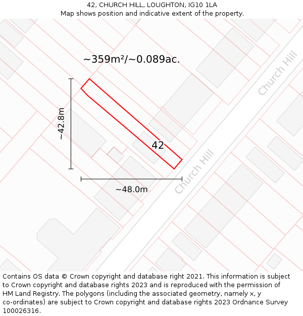 42, CHURCH HILL, LOUGHTON, IG10 1LA: Plot and title map