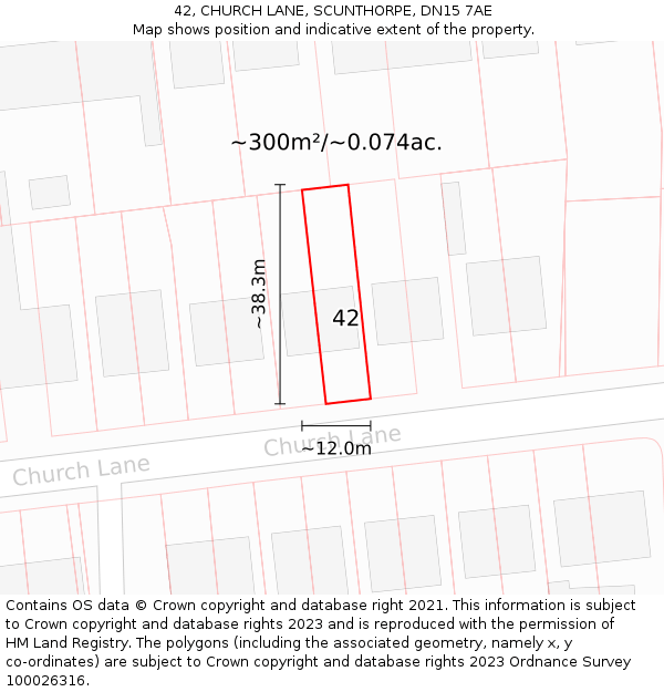 42, CHURCH LANE, SCUNTHORPE, DN15 7AE: Plot and title map