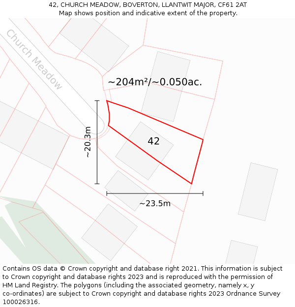 42, CHURCH MEADOW, BOVERTON, LLANTWIT MAJOR, CF61 2AT: Plot and title map