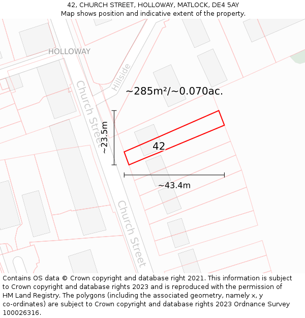 42, CHURCH STREET, HOLLOWAY, MATLOCK, DE4 5AY: Plot and title map