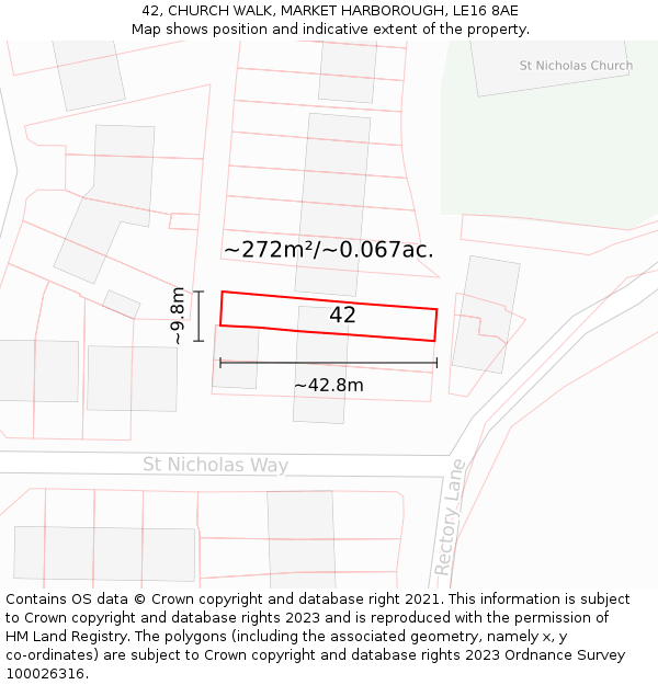 42, CHURCH WALK, MARKET HARBOROUGH, LE16 8AE: Plot and title map