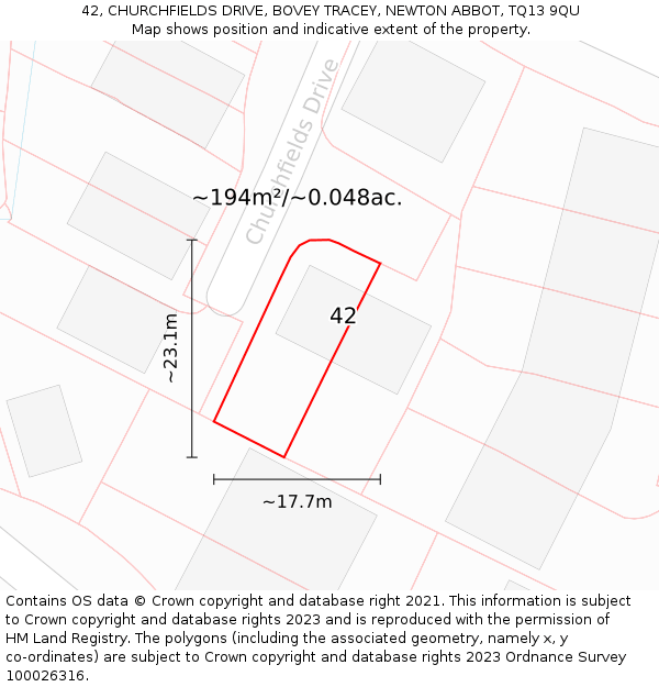 42, CHURCHFIELDS DRIVE, BOVEY TRACEY, NEWTON ABBOT, TQ13 9QU: Plot and title map