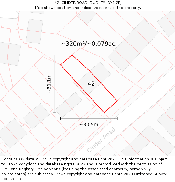42, CINDER ROAD, DUDLEY, DY3 2RJ: Plot and title map