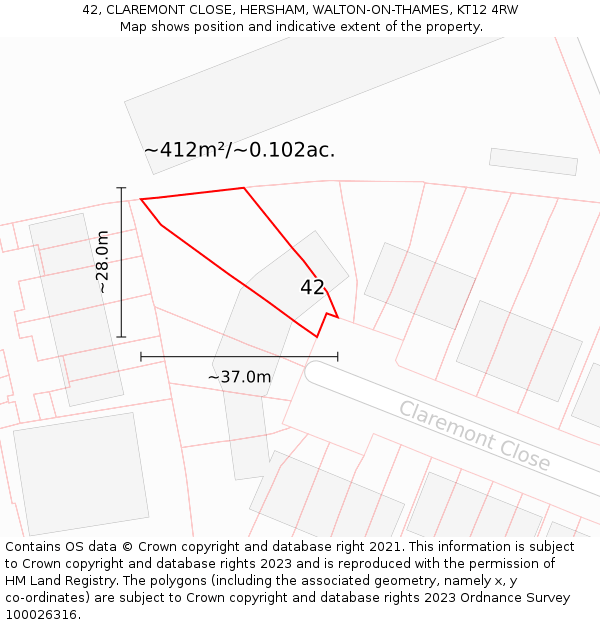 42, CLAREMONT CLOSE, HERSHAM, WALTON-ON-THAMES, KT12 4RW: Plot and title map