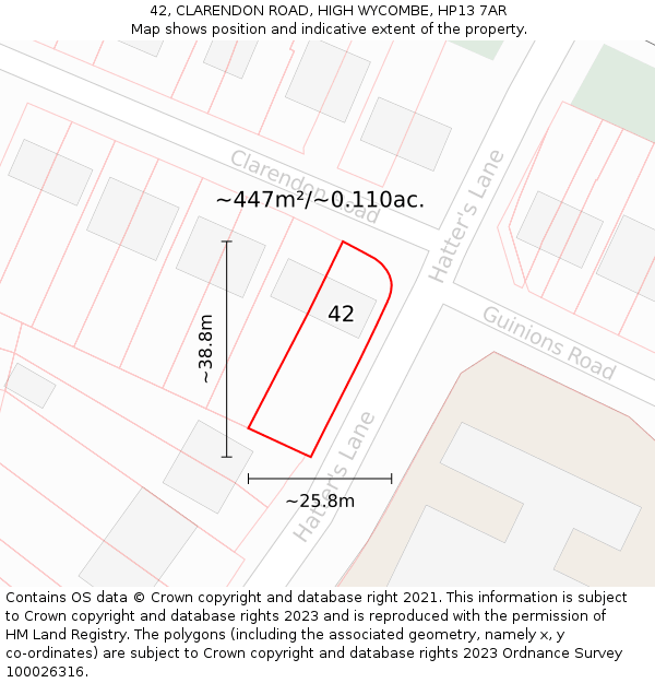 42, CLARENDON ROAD, HIGH WYCOMBE, HP13 7AR: Plot and title map
