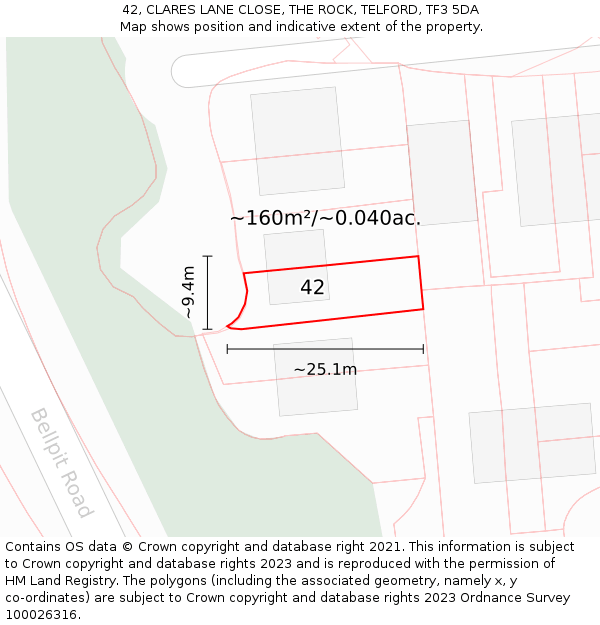 42, CLARES LANE CLOSE, THE ROCK, TELFORD, TF3 5DA: Plot and title map