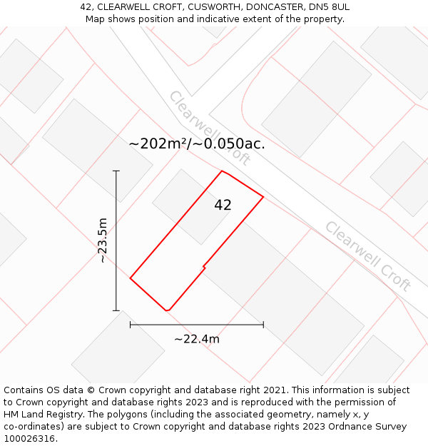 42, CLEARWELL CROFT, CUSWORTH, DONCASTER, DN5 8UL: Plot and title map