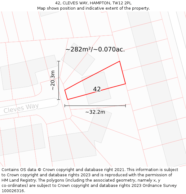 42, CLEVES WAY, HAMPTON, TW12 2PL: Plot and title map